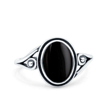 Petite Dainty Oval Vintage Style Ring Oxidized Solid Simulated Black Onyx 925 Sterling Silver